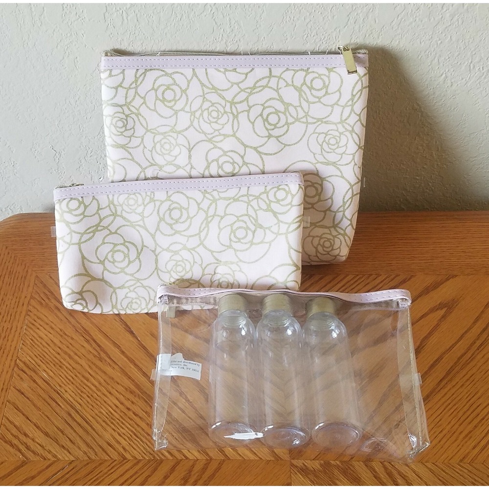 Enchante Accessories Make Up/Cosmetic Travel Bags Pink with Gold Floral Print